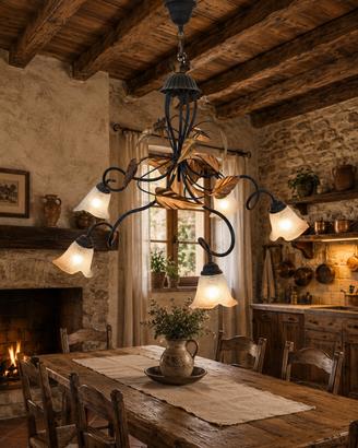 Lampadario in ottone vintage con foglie color oro