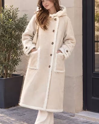 Cappotto Donna Beige con Cappuccio e Pelliccia