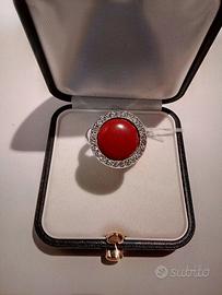 Anello ak384, Argento 925 rodiato, Corallo, Zircon