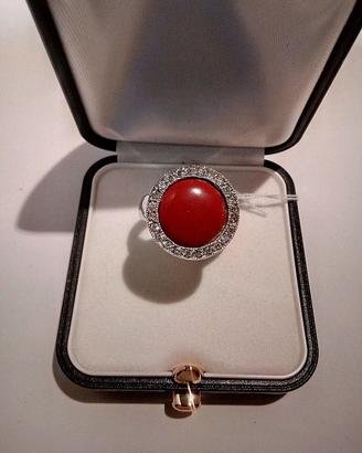 Anello ak384, Argento 925 rodiato, Corallo, Zircon