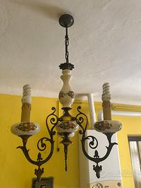 Lampadario 3 Luci Ceramica Dipinta e Ferro Battuto