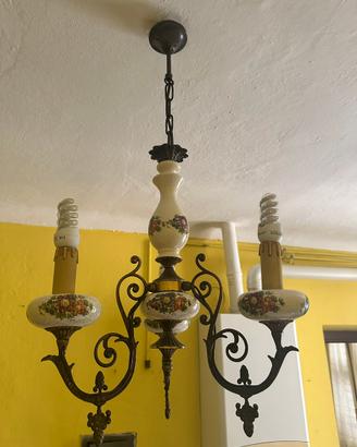 Lampadario 3 Luci Ceramica Dipinta e Ferro Battuto