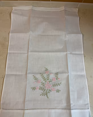 Asciugamano Vintage Lino Bianco Ricamato
