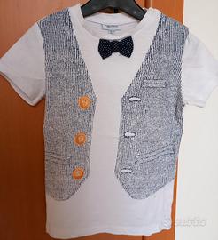 maglietta con papillon e stampa gilet, bimbo 30-36