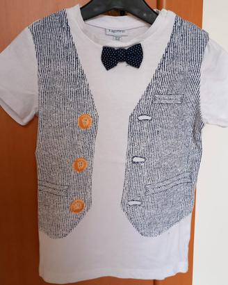 maglietta con papillon e stampa gilet, bimbo 30-36