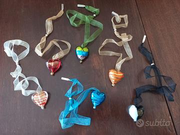6 collane pendenti vetro Murano cuore e organza