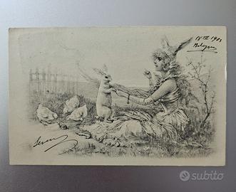 Cartolina antica viaggiata DONNA ORECCHIE CONIGLIO