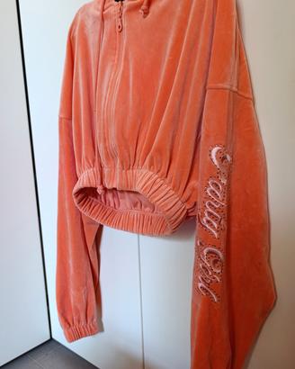 Felpa crop top arancione pesca in velluto 