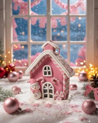 Decorazione Natalizia Casa Rosa Pupazzo Neve