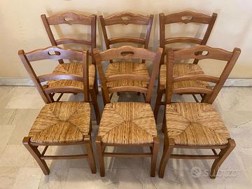 6 sedie rustiche in legno massello noce chiaro