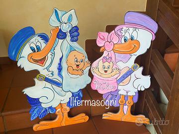 Cicogna gigante in legno fiocco nascita