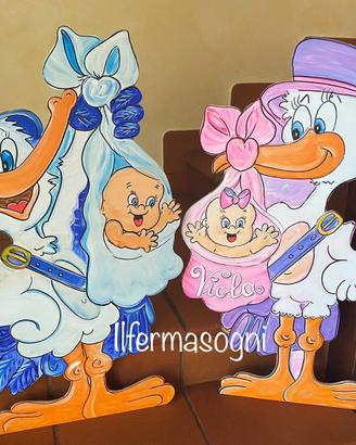 Cicogna gigante in legno fiocco nascita