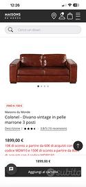 Divano vintage in pelle marrone 3 posti