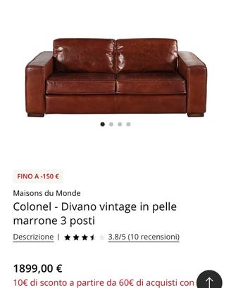 Divano vintage in pelle marrone 3 posti