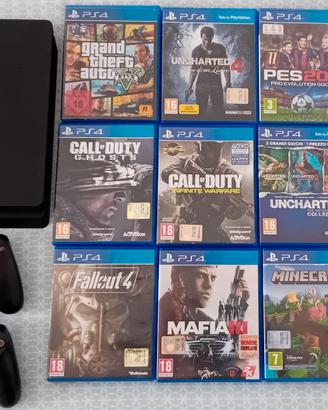 Playstation 4 SLIM 1 TB+9 giochi/2 gamepad+base