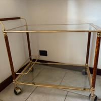 Carrello bar vintage 70 in ottone/vetro con ruote