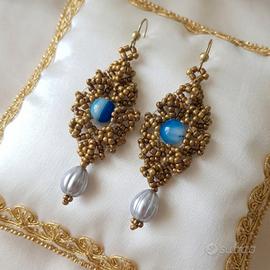 Orecchini Vintage Bronzo Boho chic Gemme Agata blu