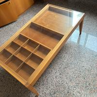 Tavolino legno e vetro contenitore espositore