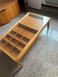 Tavolino legno e vetro contenitore espositore