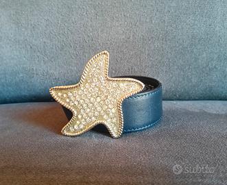 cintura in pelle da donna, blu con strass stella