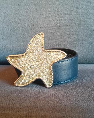 cintura in pelle da donna, blu con strass stella