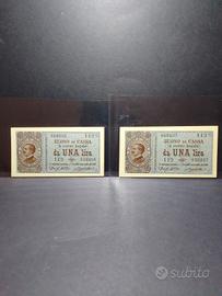 2 Banconote da 1 Lira del 1914  in (FDS) NUMERI P