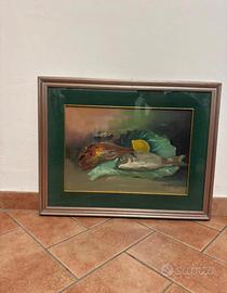 Dipinto olio su tela Natura morta con pesci