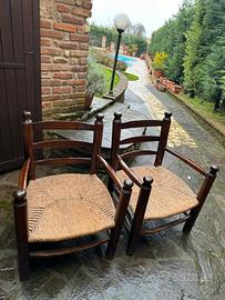 2 sedie legno massiccio vintage, impagliate a mano