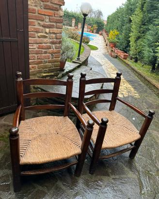 2 sedie legno massiccio vintage, impagliate a mano