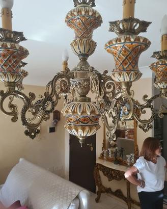 lampadario in ferro e ceramica