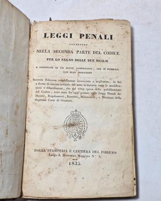 Libro Antico 1835 Leggi Penali Procedura del Regno