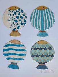 Set 4 Pesci Decorativi Blu in Legno da Parete