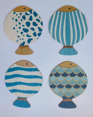Set 4 Pesci Decorativi Blu in Legno da Parete