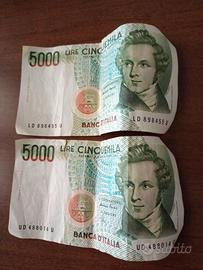 2 Banconote  da 5000 Lire Bellini SP.tracc.inclusa