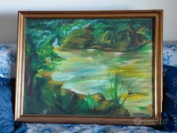 Quadro paesaggio fluviale, cornice dorata