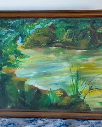 Quadro paesaggio fluviale, cornice dorata