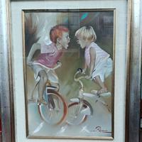 Dipinto Gastone Peirano "bimbi su triciclo"