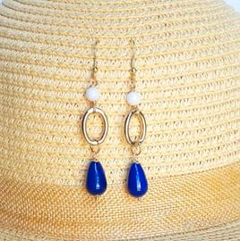 Orecchini dorati Goccia blu,  perno argento