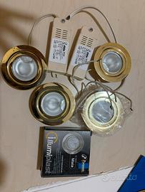4 faretti da incasso alogeni oro + 2 Trasformatori
