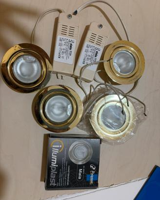 4 faretti da incasso alogeni oro + 2 Trasformatori