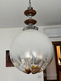 Lampadario anni 70, legno, acciaio e vetro  Murano