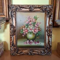 Quadro antico anni 80 barocco vaso fiori cm 27x32