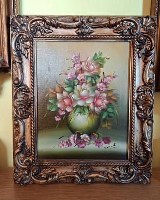 Quadro antico anni 80 barocco vaso fiori cm 27x32