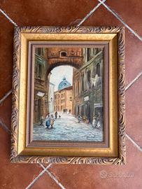 Quadro vintage olio su tela paesaggio "Cortile"
