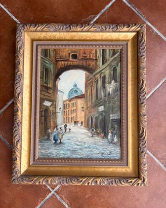 Quadro vintage olio su tela paesaggio "Cortile"