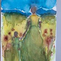 Acquarello  paesaggio mamma e bimbo