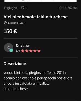 bicicletta pieghevole teklio turchese