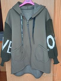 Felpa giacca verde militare oversize con cappuccio