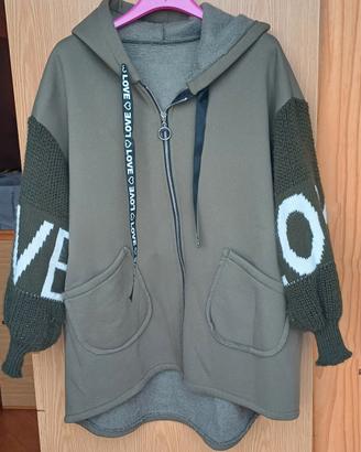 Felpa giacca verde militare oversize con cappuccio