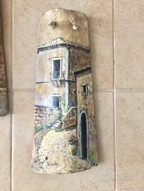 2 tegole in terracotta dipinte a mano